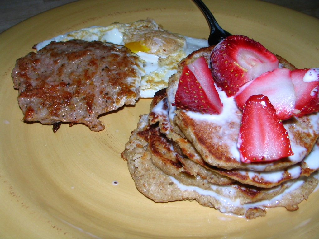 pancakes, sausage, and egg